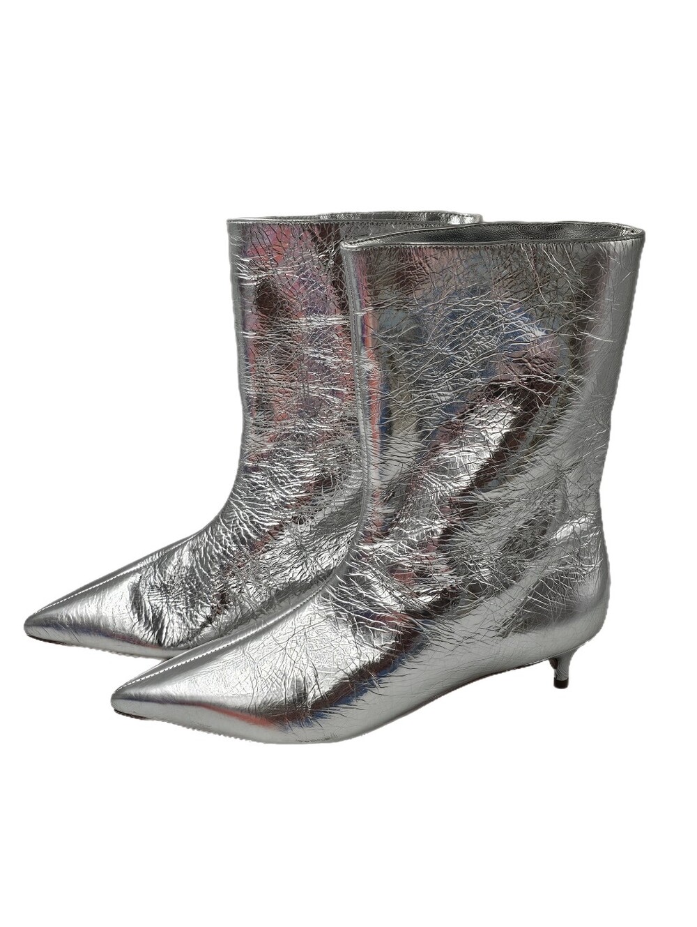 Schutz Frances Bootie Metallic Silver Crackled Leather Pointed Toe 7.5B NWOB